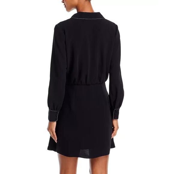 Cinq a Sept Gaby Tie Waist Topstitched Crepe Mini Dress Black Long Sleeve 0 - Picture 4 of 10